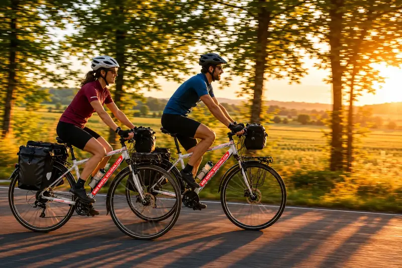 Two cyclists riding fully equipped touring bikes through the countryside